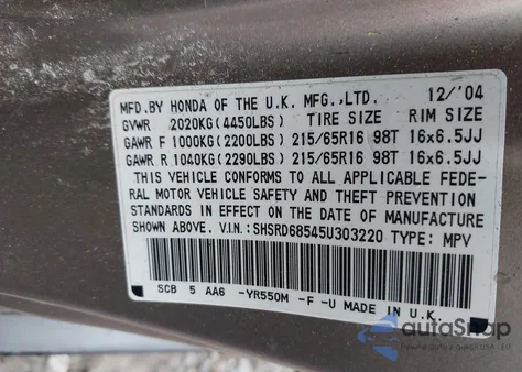 2005 Honda Cr-V Lx from USA, damaged, VIN SHSRD68545U303220